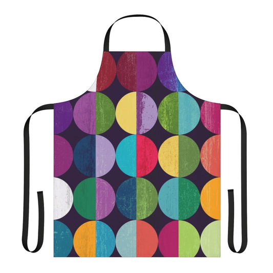 Geometric patterned apron featuring a moon design in shades of yellow, orange, blue, green, and pink.