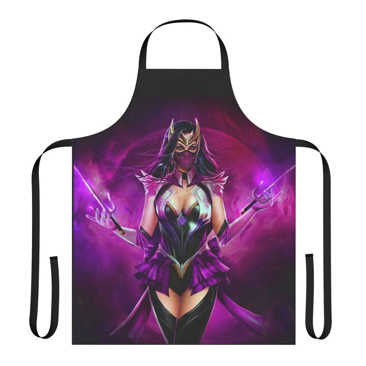 A pink and purple apron featuring a moon monster design, inspired by Mortal Kombat and anime themes.