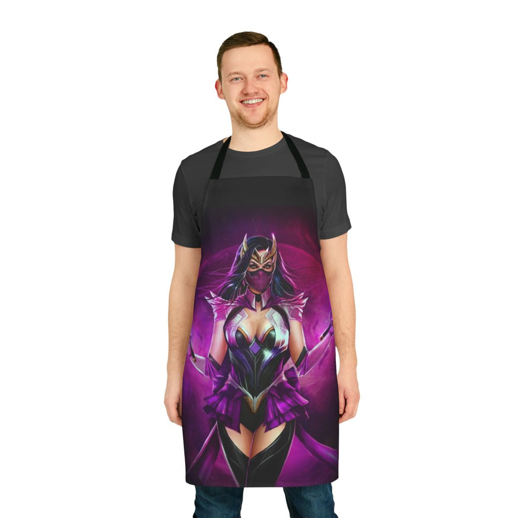 A pink and purple apron featuring a moon monster design, inspired by Mortal Kombat and anime themes.