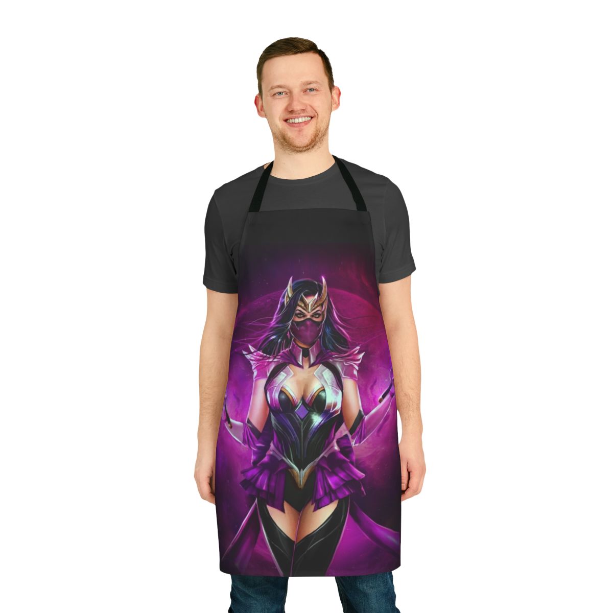 A pink and purple apron featuring a moon monster design, inspired by Mortal Kombat and anime themes.