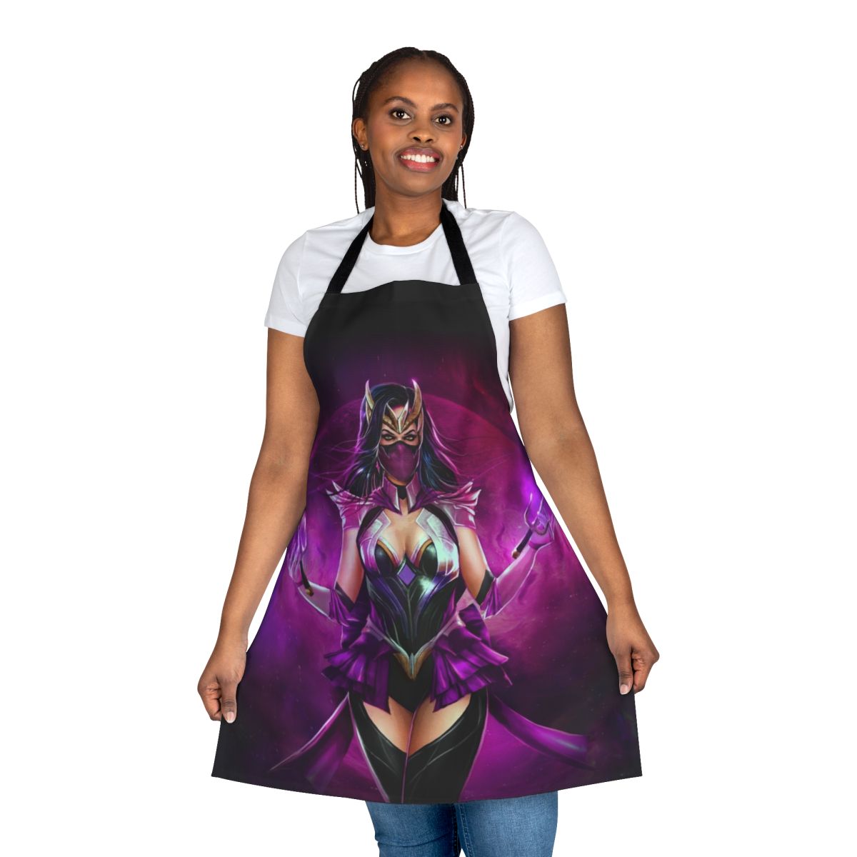 A pink and purple apron featuring a moon monster design, inspired by Mortal Kombat and anime themes.