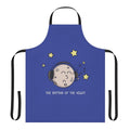 An apron featuring a whimsical, night-themed design with stars, moons, and a rhythmic pattern.