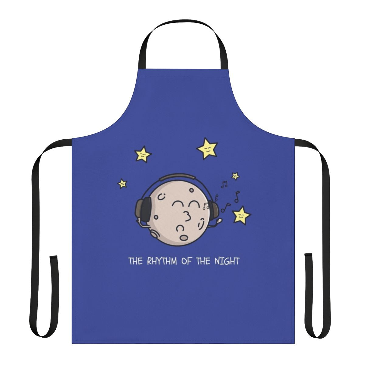 An apron featuring a whimsical, night-themed design with stars, moons, and a rhythmic pattern.