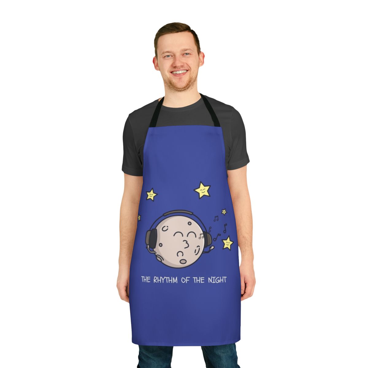 An apron featuring a whimsical, night-themed design with stars, moons, and a rhythmic pattern.