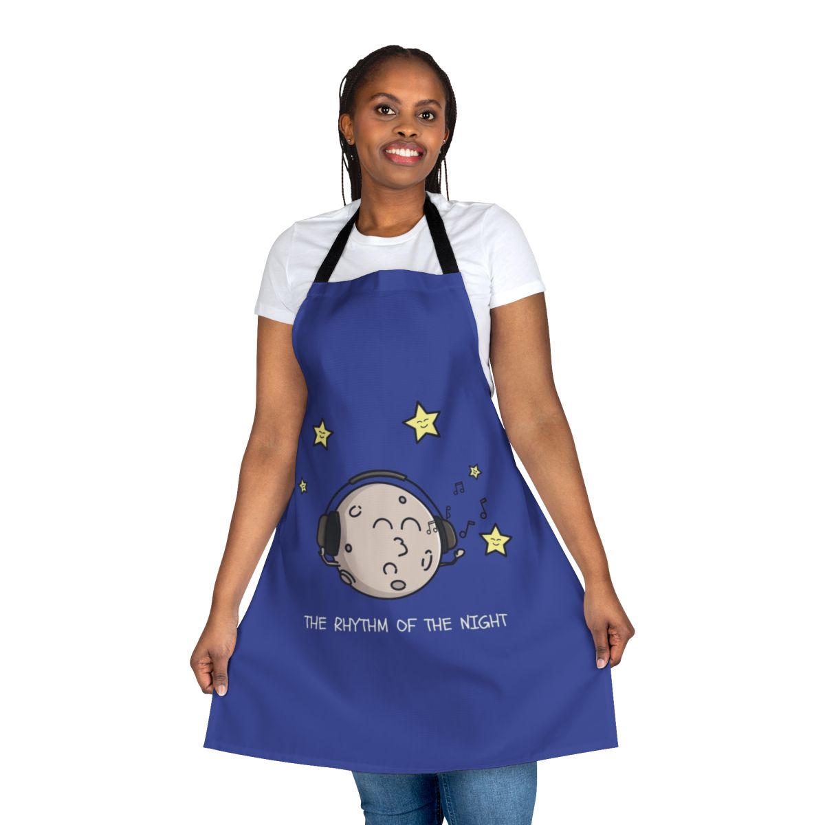 An apron featuring a whimsical, night-themed design with stars, moons, and a rhythmic pattern.