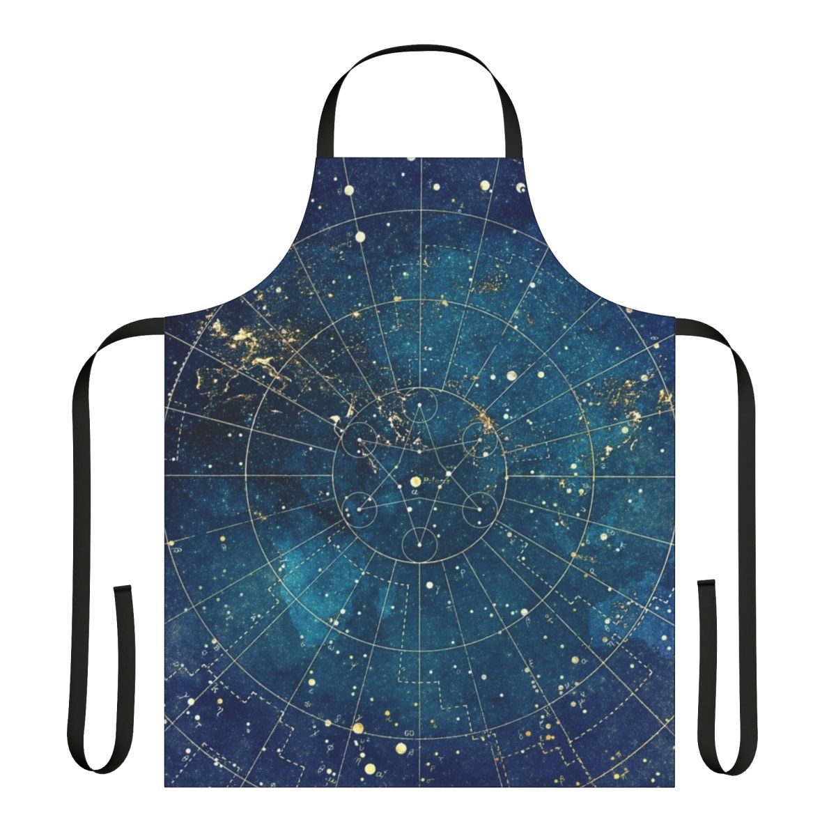 A stylish apron featuring an abstract star map design in shades of blue, turquoise, gold, and cream.
