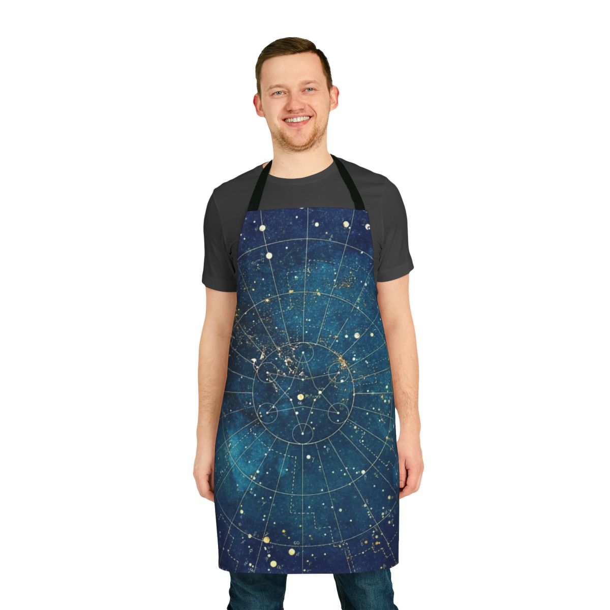 A stylish apron featuring an abstract star map design in shades of blue, turquoise, gold, and cream.