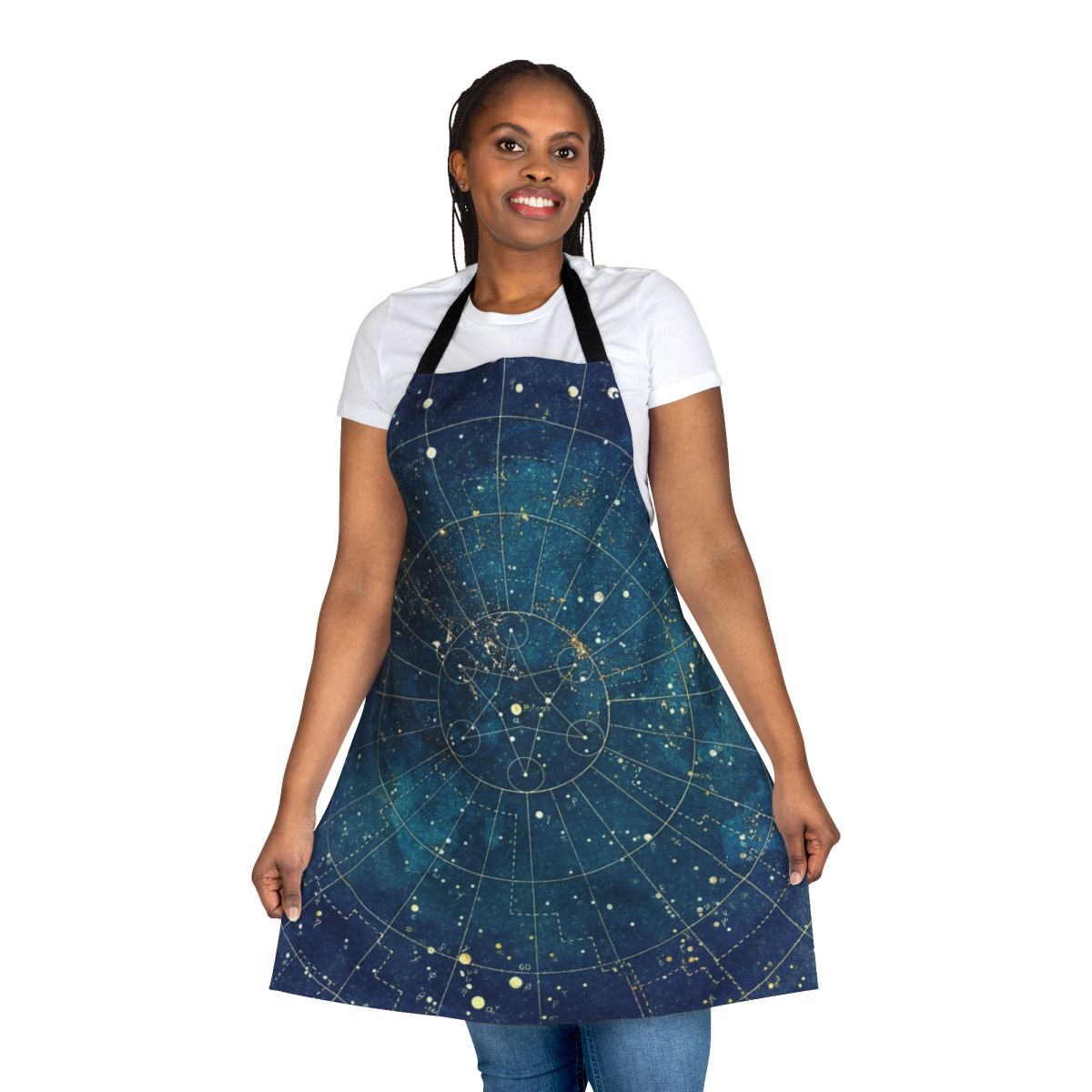 A stylish apron featuring an abstract star map design in shades of blue, turquoise, gold, and cream.