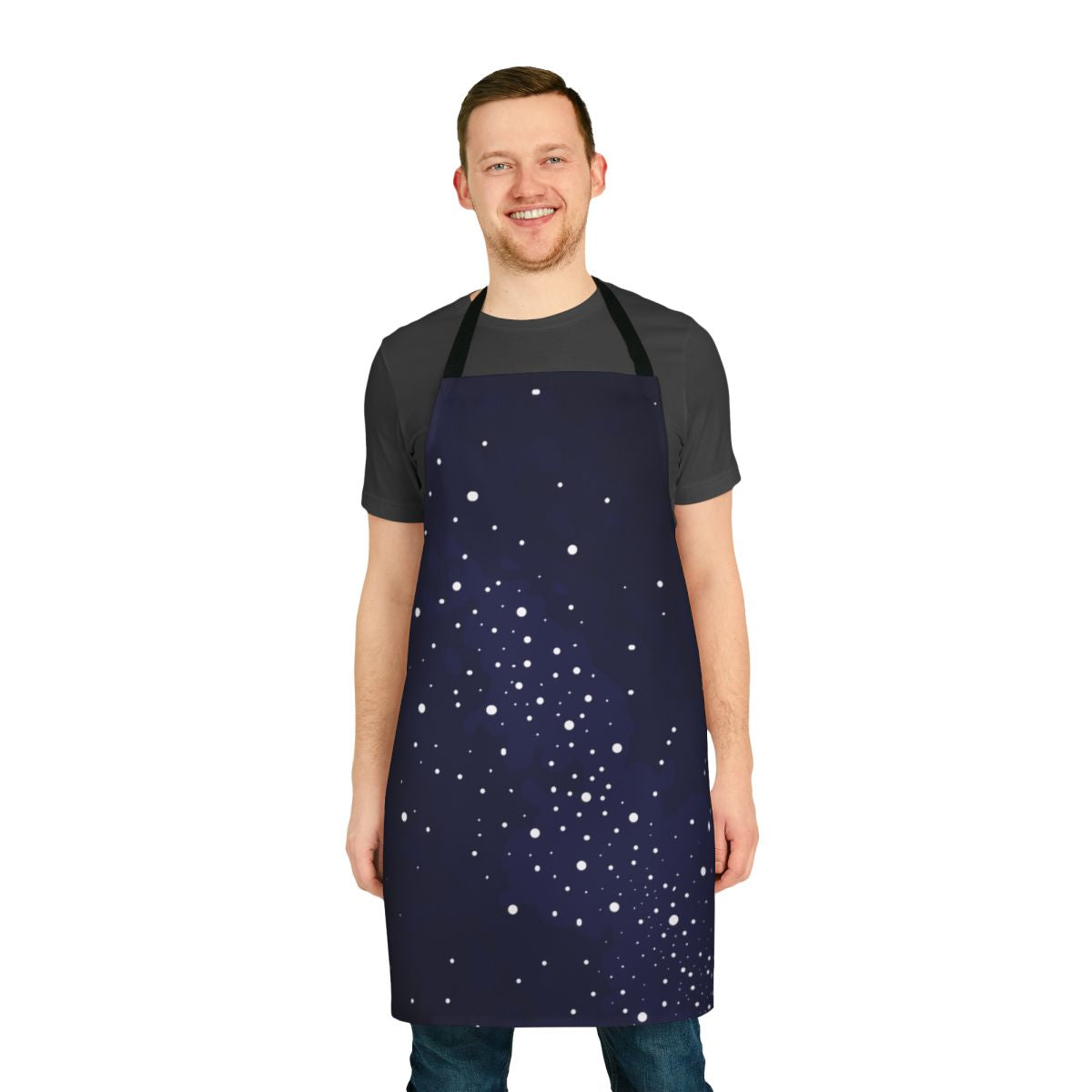 Starry night sky pattern printed on a durable, high-quality apron
