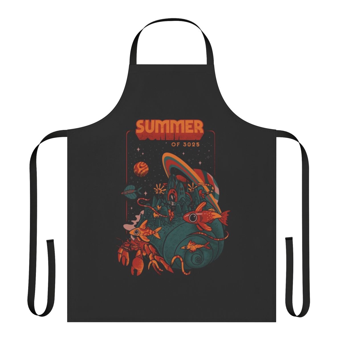 A retro-style apron featuring a cosmic, space-themed design with planets, stars, and a crab.