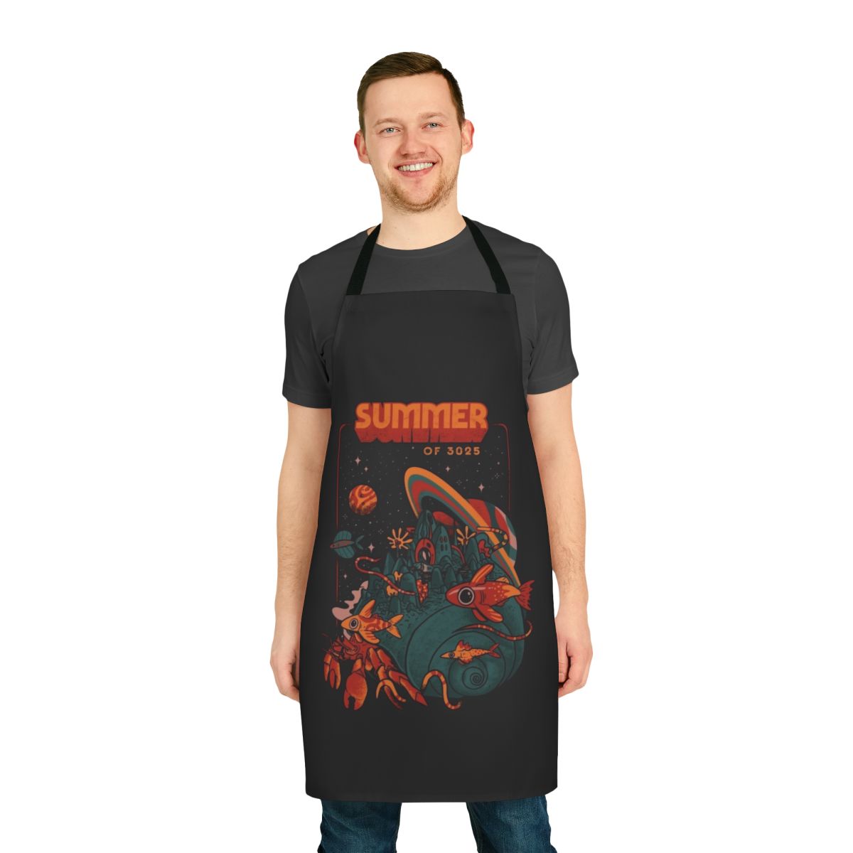 A retro-style apron featuring a cosmic, space-themed design with planets, stars, and a crab.