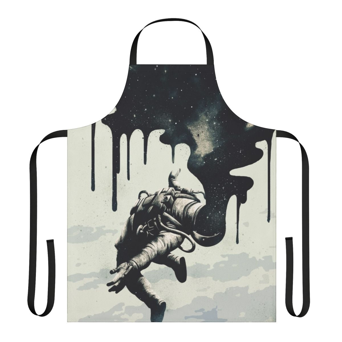 Surreal celestial art design on a high-quality cooking apron featuring stars, planets, and an astronaut in the sky