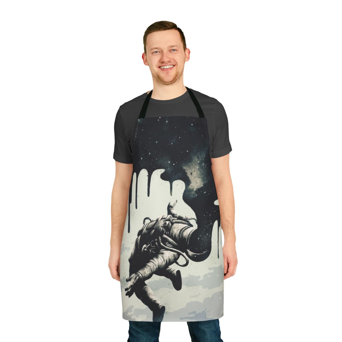 Surreal celestial art design on a high-quality cooking apron featuring stars, planets, and an astronaut in the sky