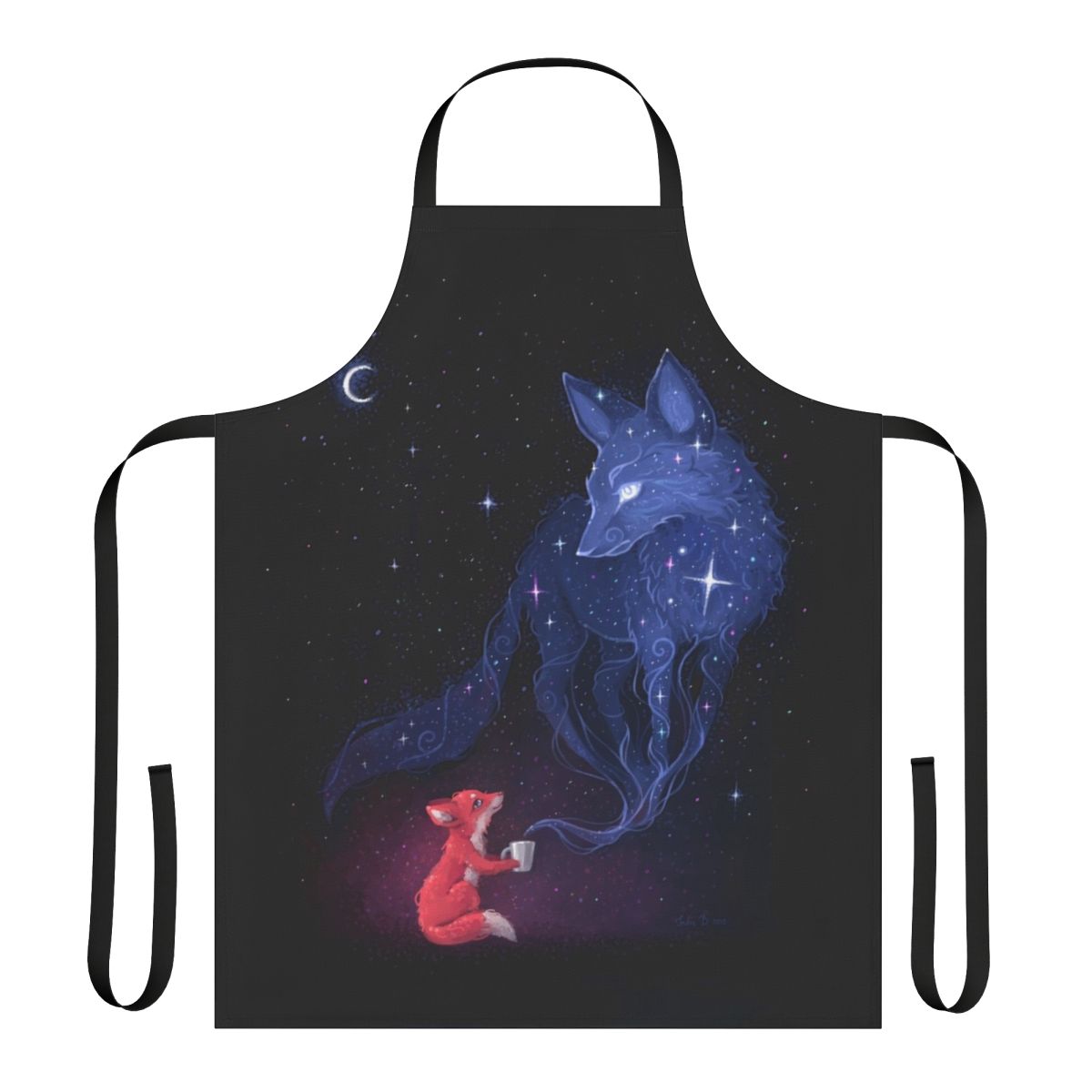 Celestial-themed apron with a whimsical design featuring foxes, stars, moons, and a night sky pattern