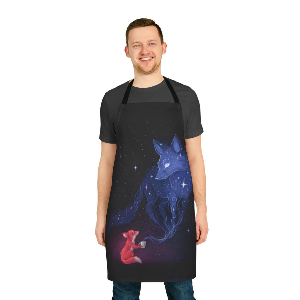 Celestial-themed apron with a whimsical design featuring foxes, stars, moons, and a night sky pattern