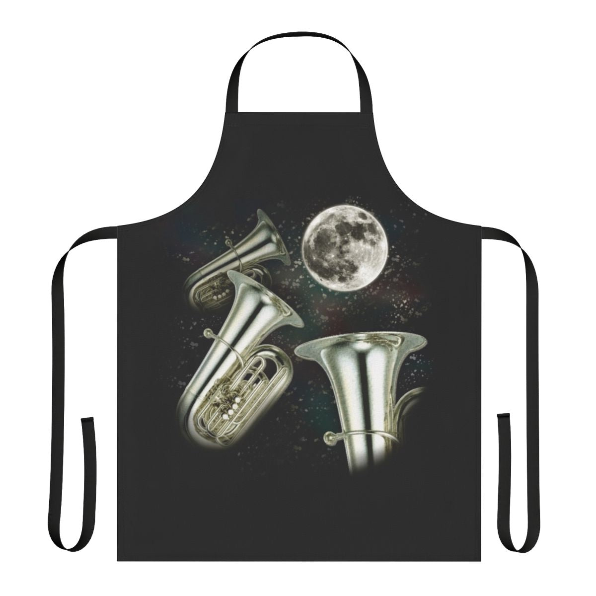 Apron featuring a design with three tubas against a night sky with a moon
