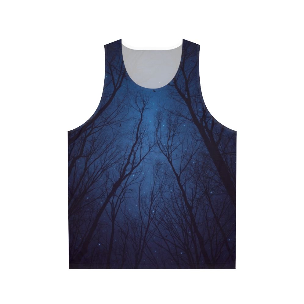 Unisex tank top featuring a galaxy print design with a starry night sky and abstract tree branches