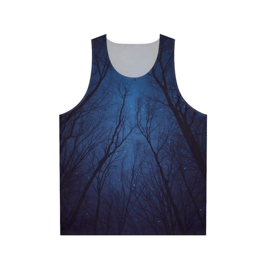 Unisex tank top featuring a galaxy print design with a starry night sky and abstract tree branches