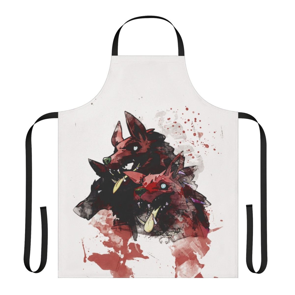 Cerberus, the three-headed hound of Hades, featured in a bold and vibrant painting on a high-quality apron.