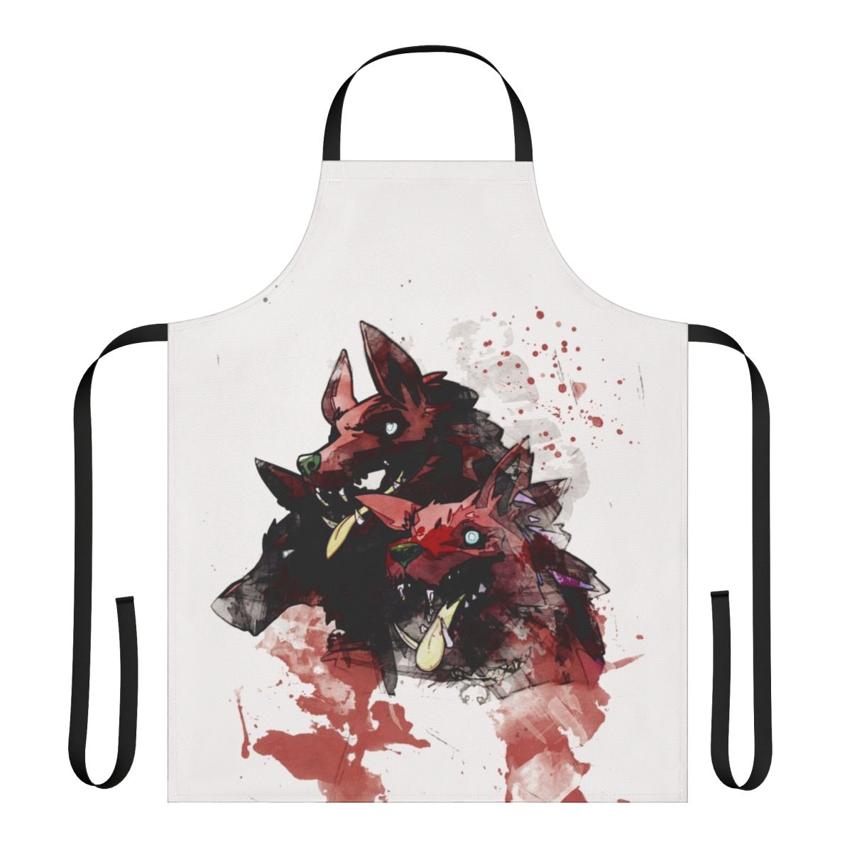 Cerberus, the three-headed hound of Hades, featured in a bold and vibrant painting on a high-quality apron.
