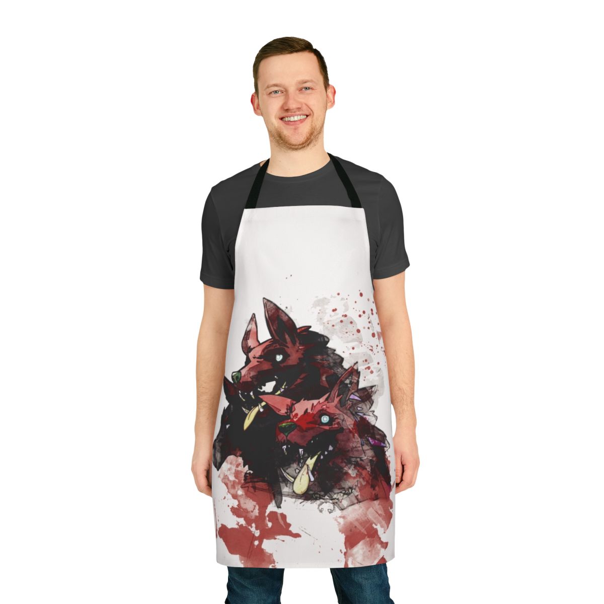 Cerberus, the three-headed hound of Hades, featured in a bold and vibrant painting on a high-quality apron.