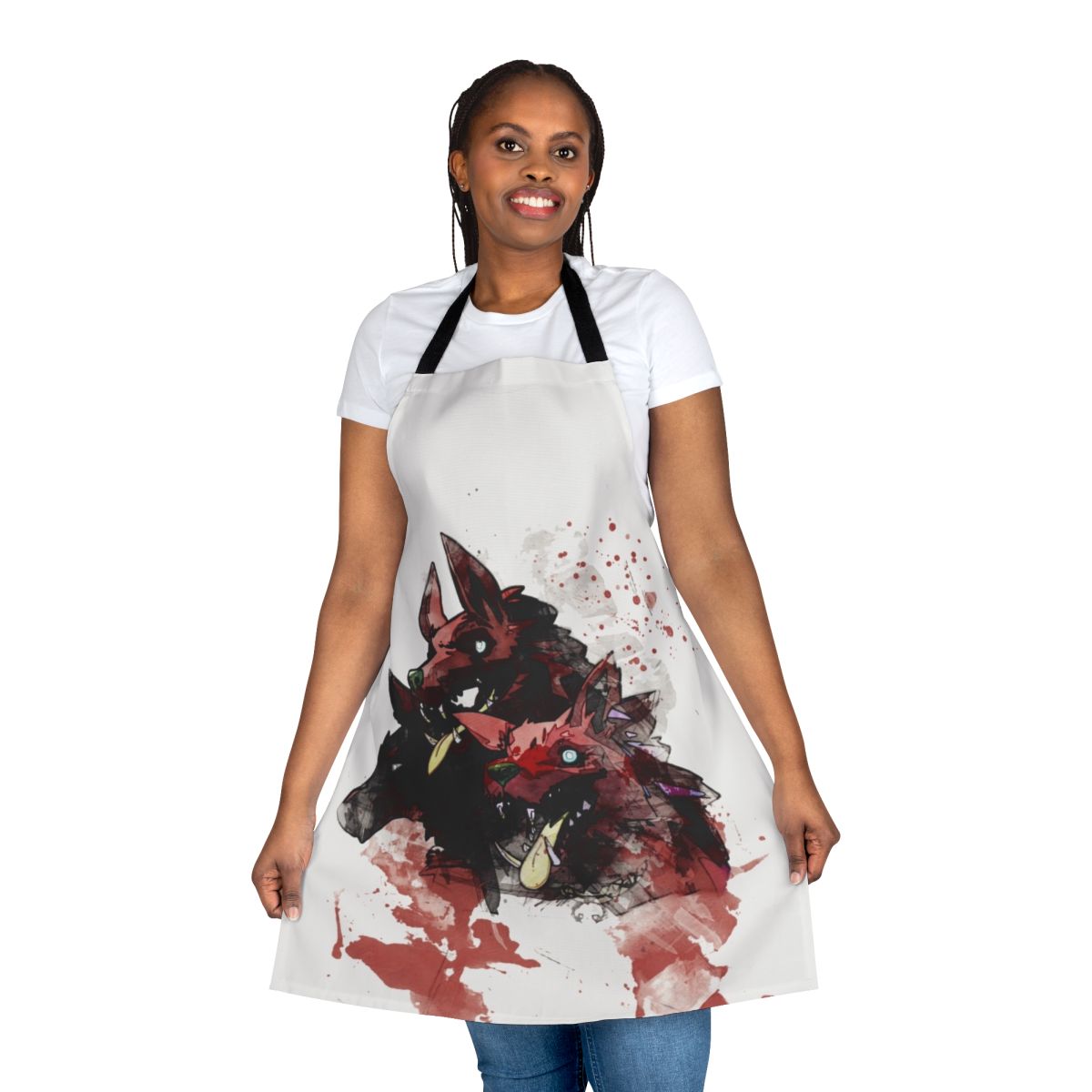 Cerberus, the three-headed hound of Hades, featured in a bold and vibrant painting on a high-quality apron.