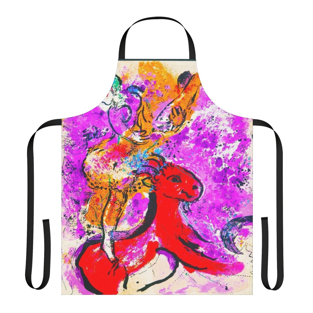 Vibrant apron featuring Marc Chagall's iconic "On Red Horse" painting design.