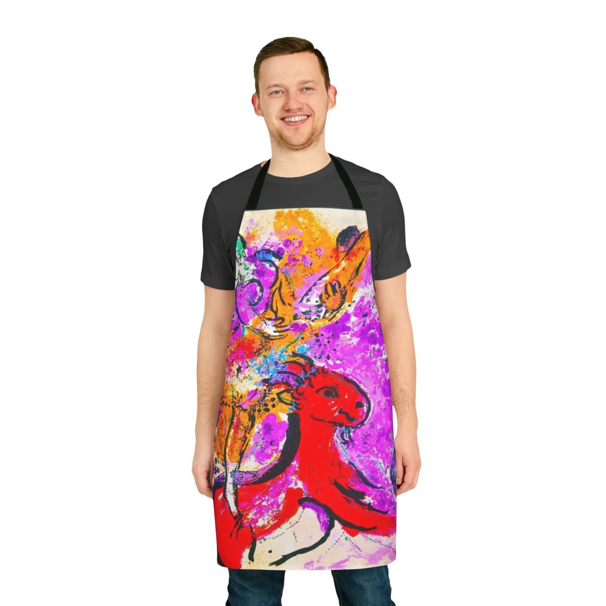 Vibrant apron featuring Marc Chagall's iconic "On Red Horse" painting design.