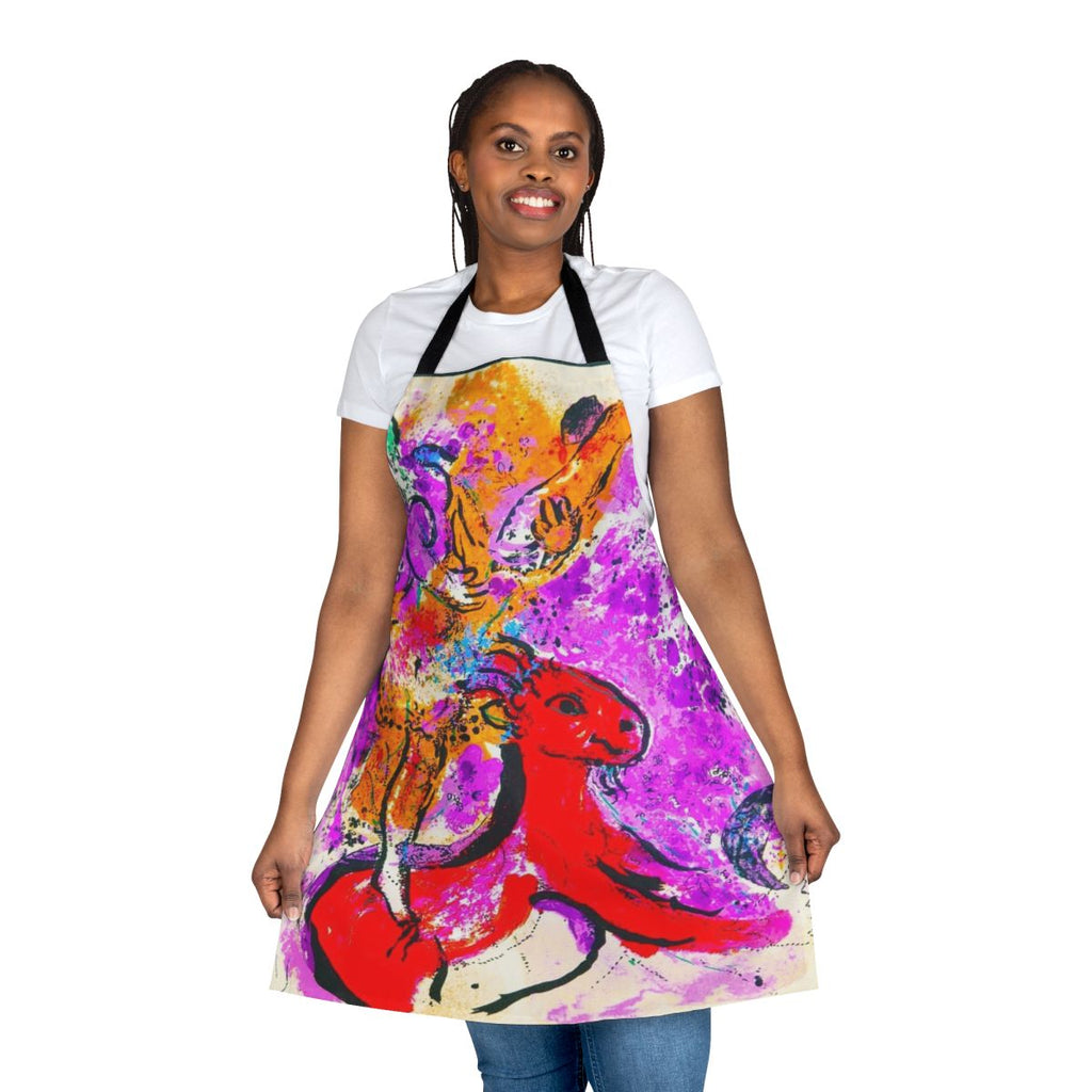 Vibrant apron featuring Marc Chagall's iconic "On Red Horse" painting design.