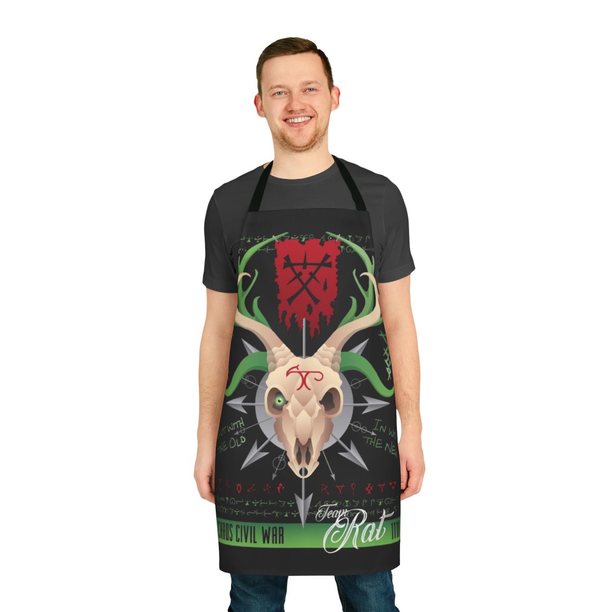 Apron featuring a chaos rat skull design with horns, for Warhammer Fantasy wargaming enthusiasts.