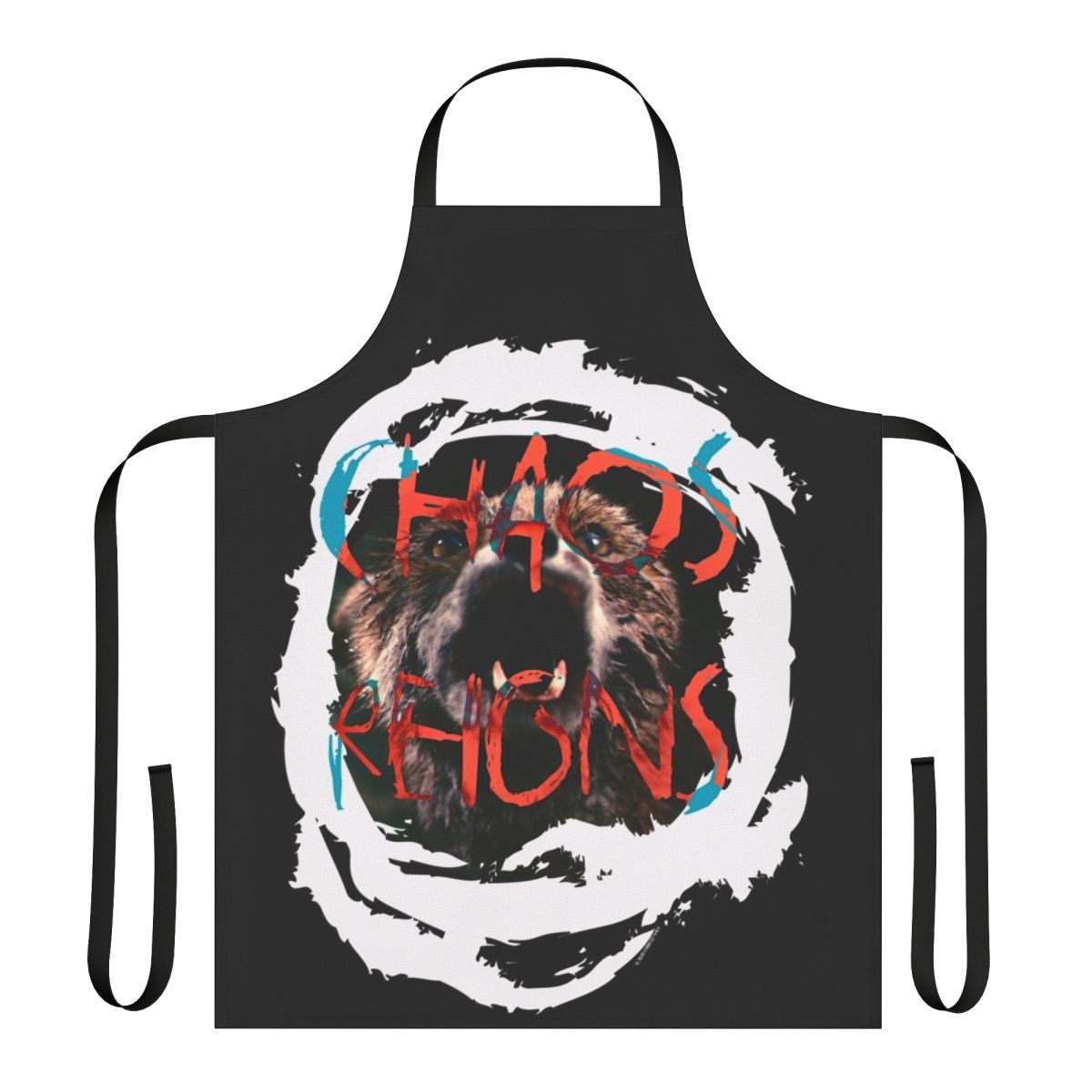 Chaos Reigns-inspired artistic apron featuring a chaotic, ominous design with nature, animals, and dark elements.