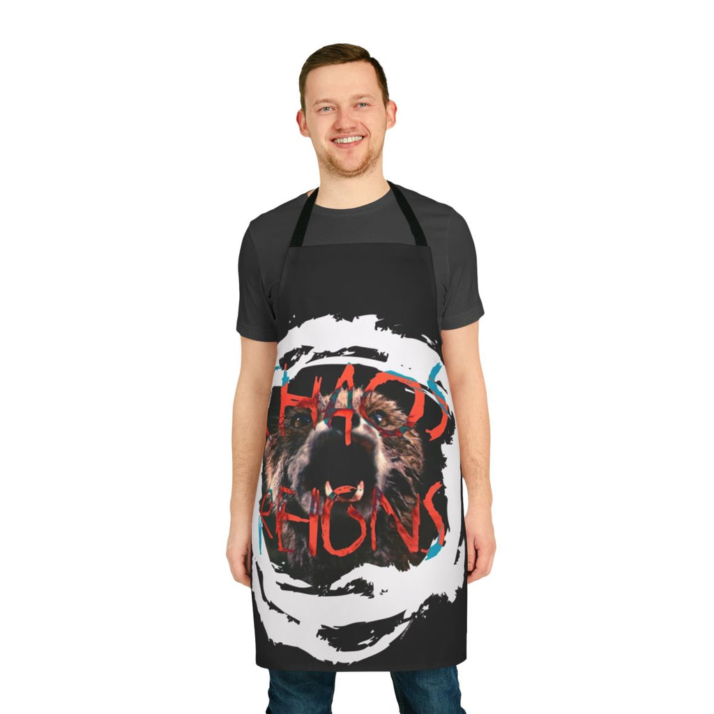 Chaos Reigns-inspired artistic apron featuring a chaotic, ominous design with nature, animals, and dark elements.
