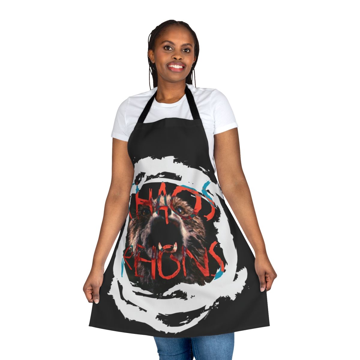 Chaos Reigns-inspired artistic apron featuring a chaotic, ominous design with nature, animals, and dark elements.