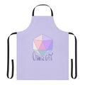 Chaotic neutral LGBTQ tabletop RPG themed apron with pastel colors and dice motif