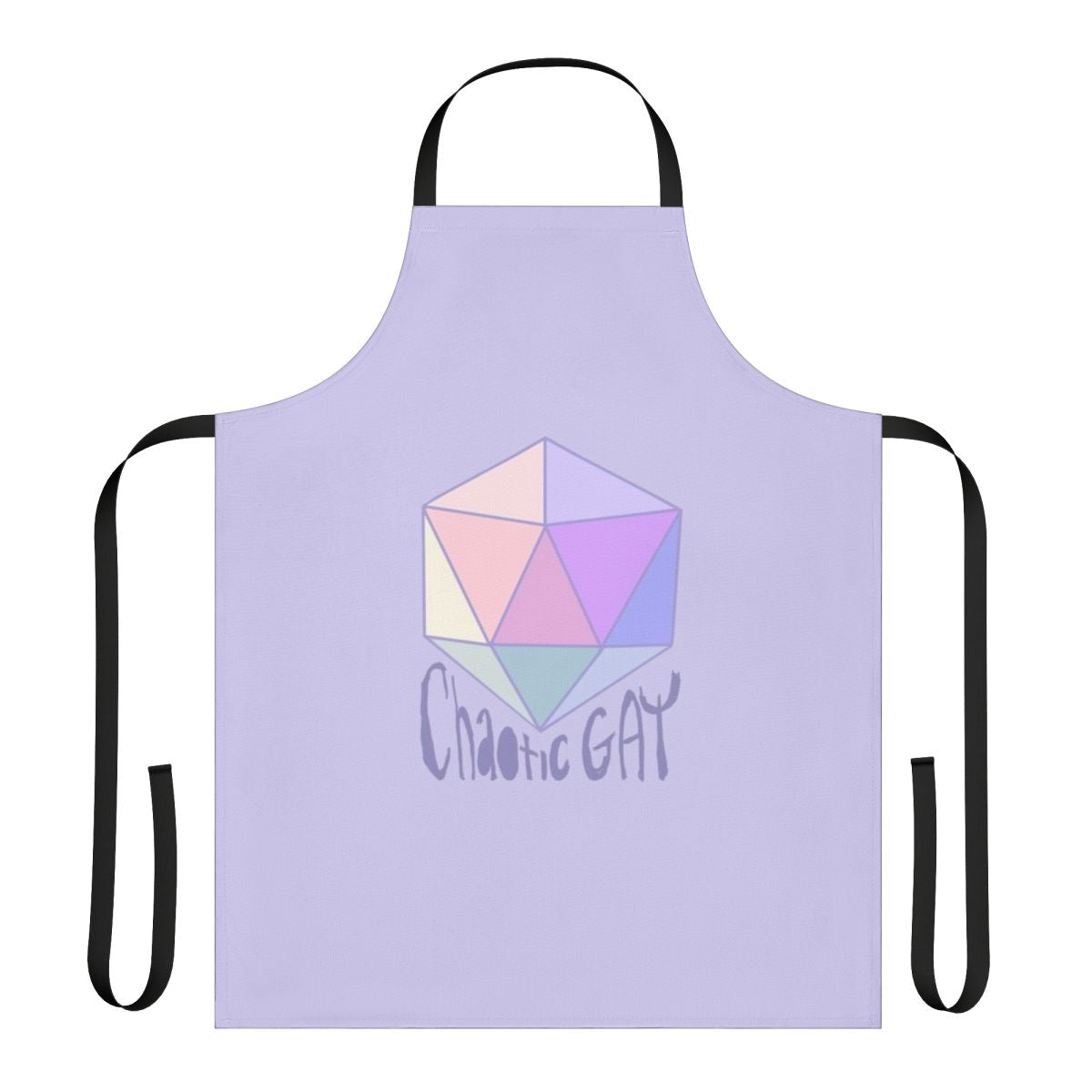 Chaotic neutral LGBTQ tabletop RPG themed apron with pastel colors and dice motif