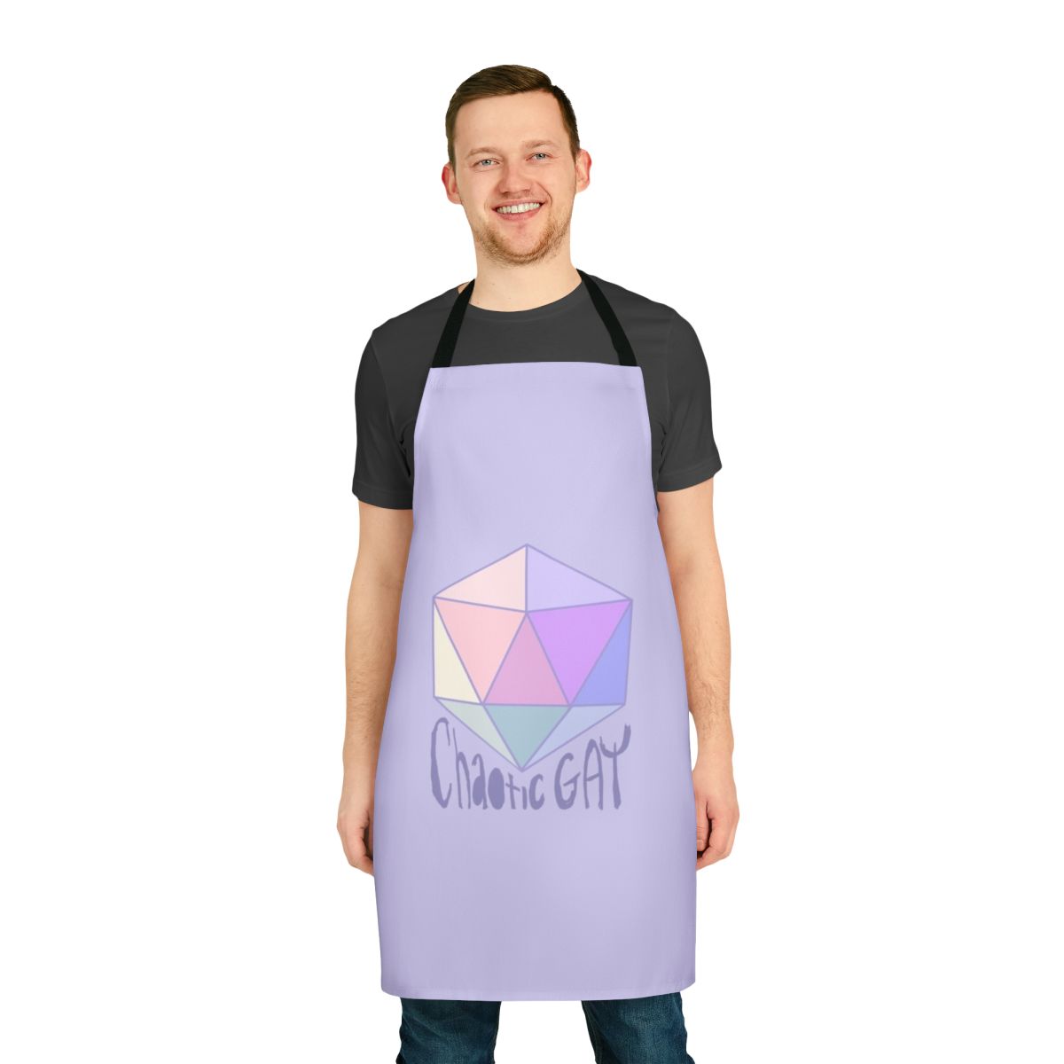 Chaotic neutral LGBTQ tabletop RPG themed apron with pastel colors and dice motif
