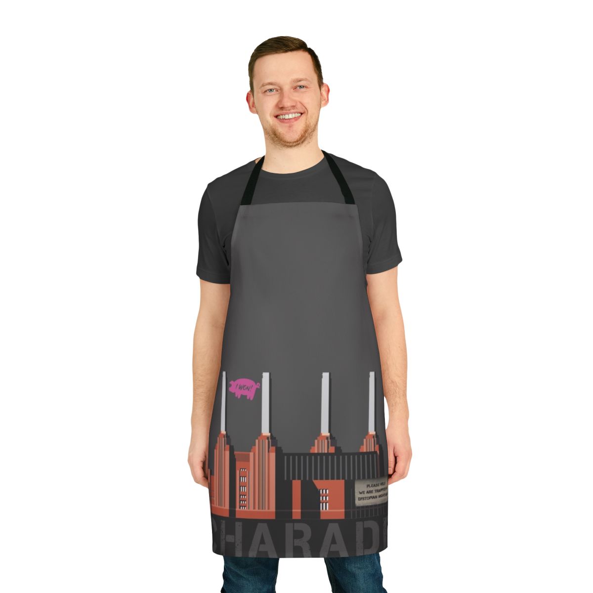 Charade Parody Apron featuring a satirical design with references to Pink Floyd, Donald Trump, and political protest
