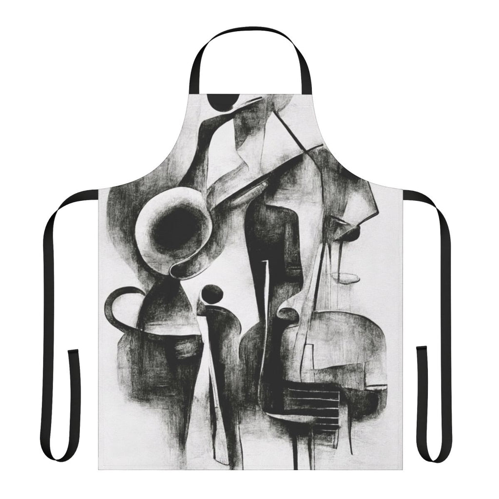Charcoal abstract design featuring a jazz quartet with instruments like drums, piano, guitar, and saxophone