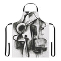 Charcoal abstract design featuring a jazz quartet with instruments like drums, piano, guitar, and saxophone