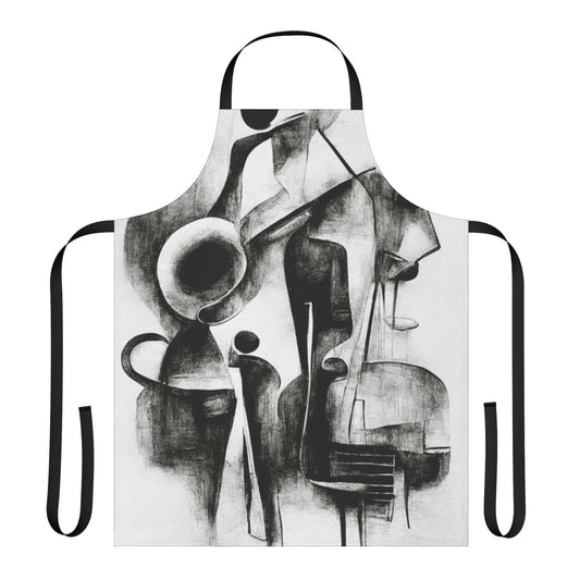 Charcoal abstract design featuring a jazz quartet with instruments like drums, piano, guitar, and saxophone
