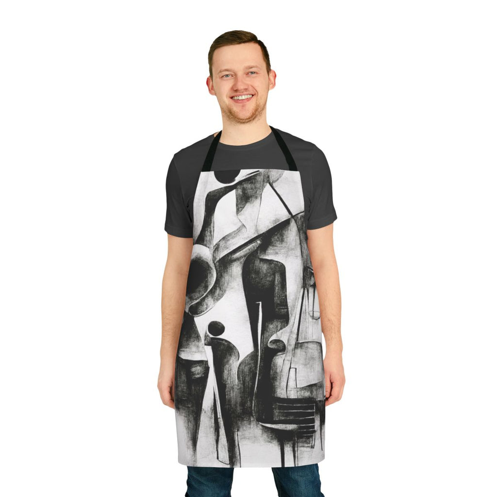 Charcoal abstract design featuring a jazz quartet with instruments like drums, piano, guitar, and saxophone