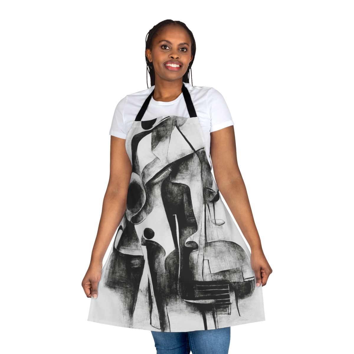 Charcoal abstract design featuring a jazz quartet with instruments like drums, piano, guitar, and saxophone