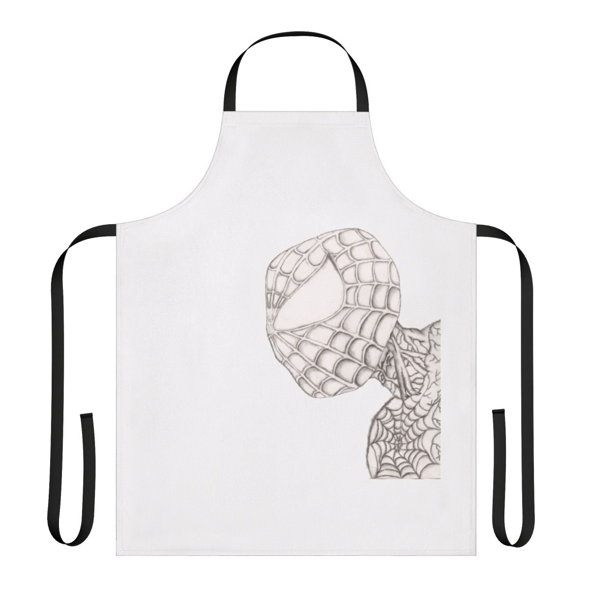 Charcoal-colored apron featuring a superhero-inspired design