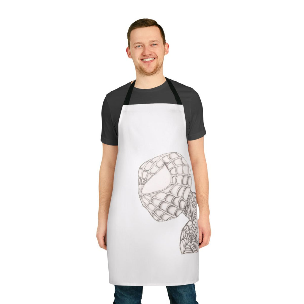 Charcoal-colored apron featuring a superhero-inspired design