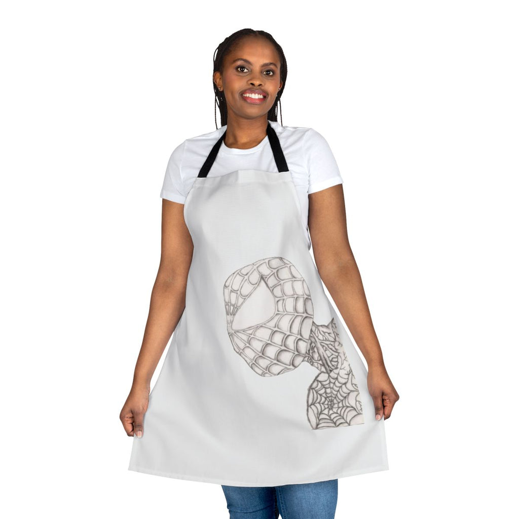 Charcoal-colored apron featuring a superhero-inspired design