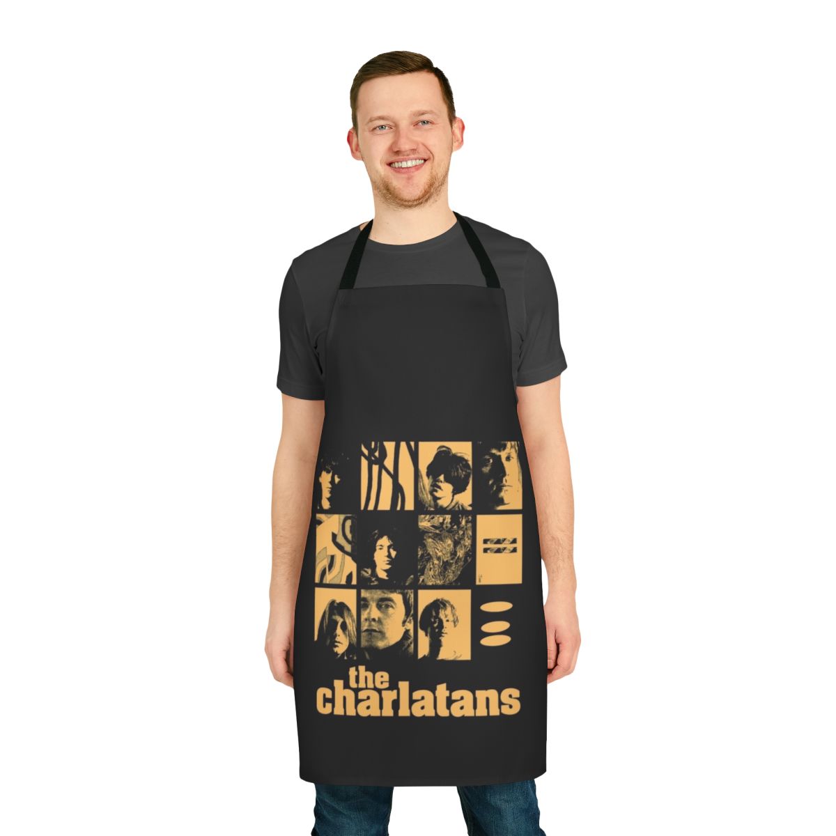 Charlatans-inspired cooking apron featuring the band's name and logo