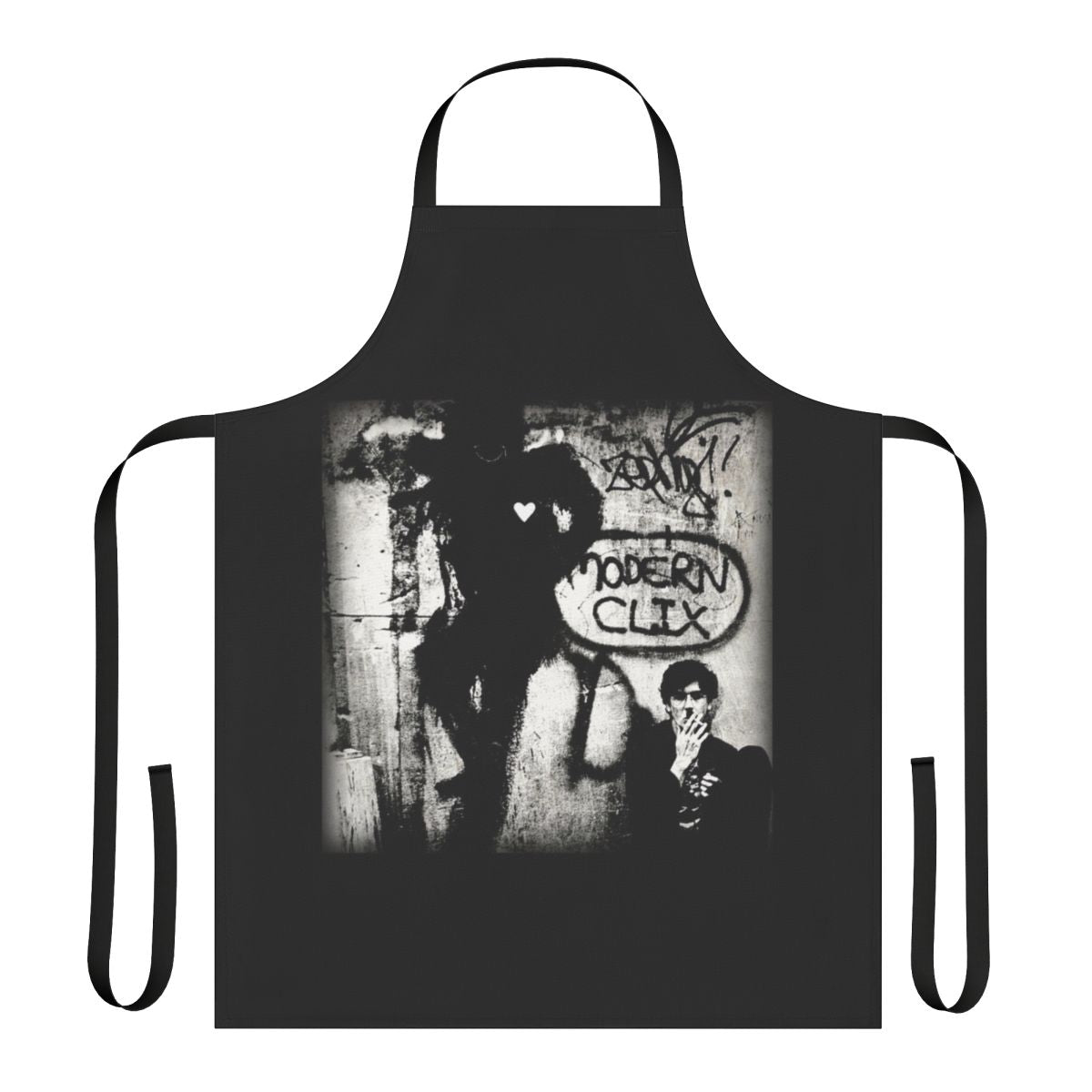 Charly Garcia inspired black and white graphic apron with artist, graffiti, and tango art
