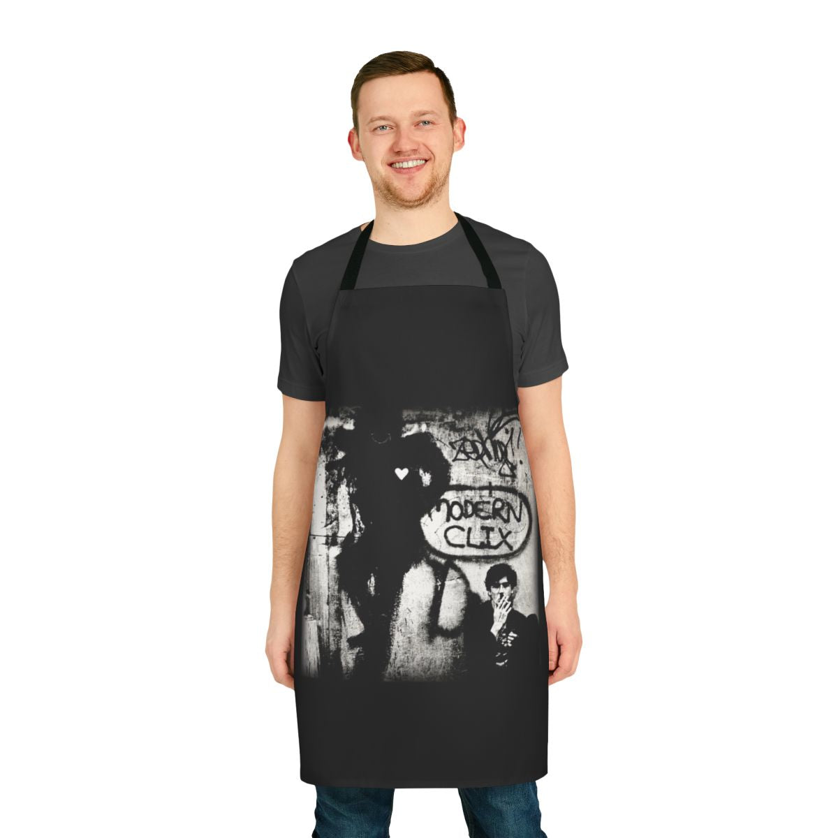 Charly Garcia inspired black and white graphic apron with artist, graffiti, and tango art