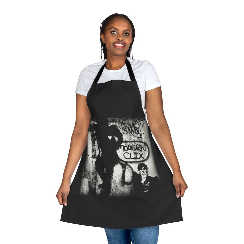 Charly Garcia inspired black and white graphic apron with artist, graffiti, and tango art