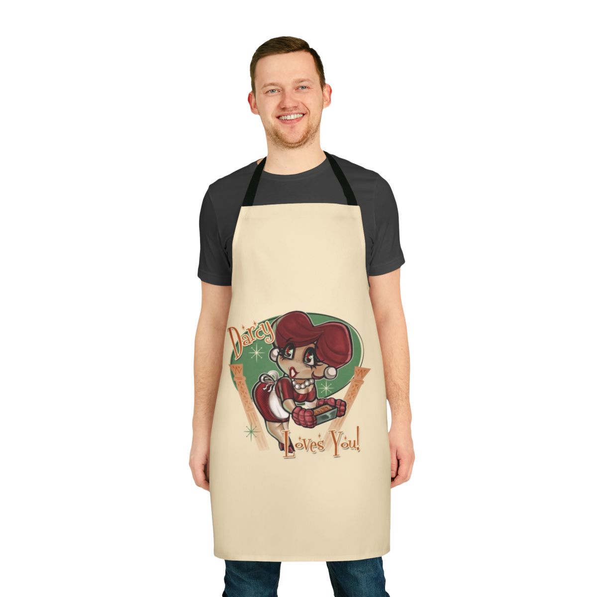 Darcy Apron - A 1950s-inspired retro apron featuring a heart design in a charming chibi style